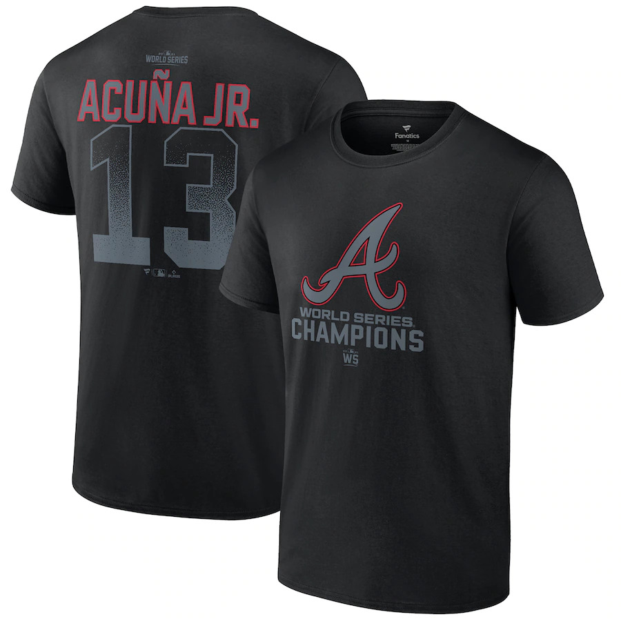 Men's Black Atlanta Braves #13 Ronald Acuña Jr. 2021 World Series Champions Name & Number T-Shirt